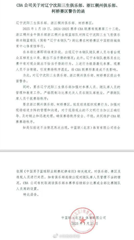 因做不當手勢且互相發生口角，CBA公司發函警告遼寧、浙江兩傢俱樂部